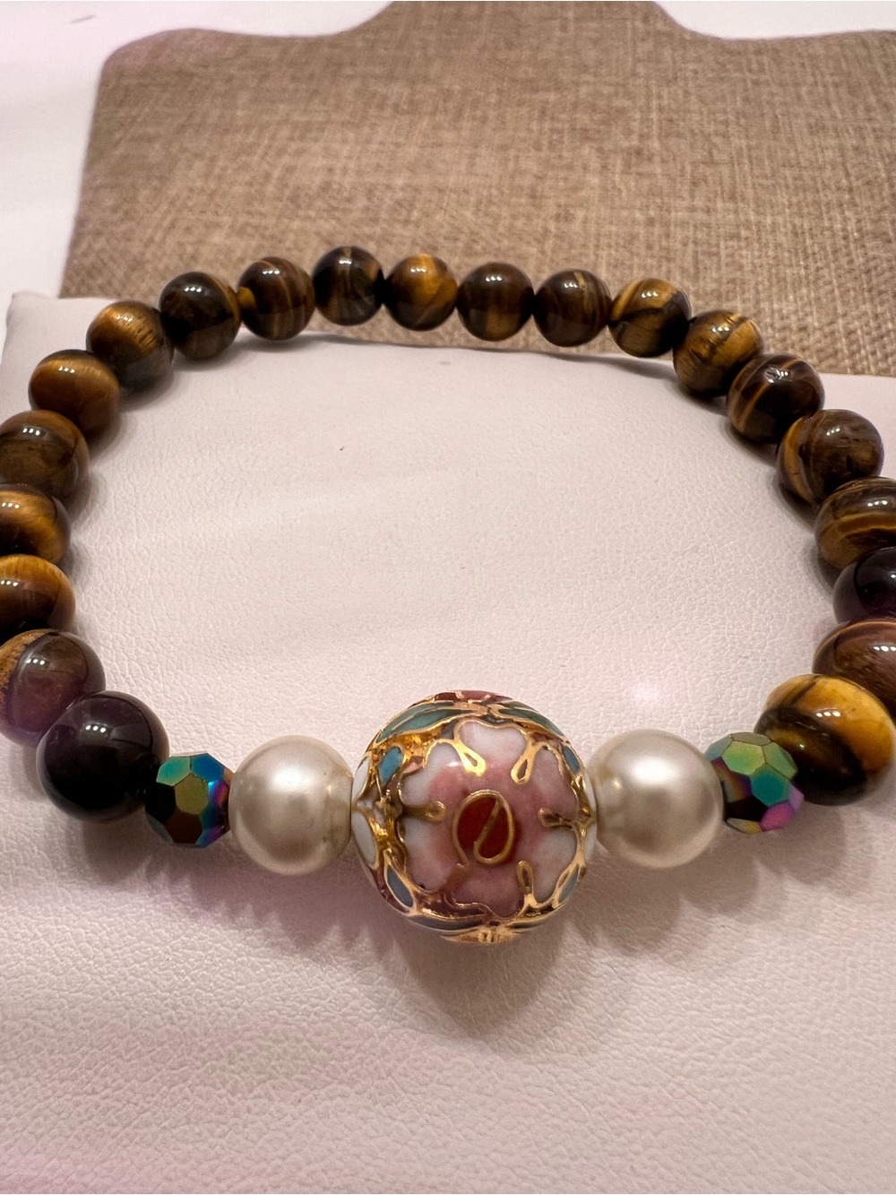 Tiger Eye Bead Bracelet with Pink Cloisonné Accent Unisex